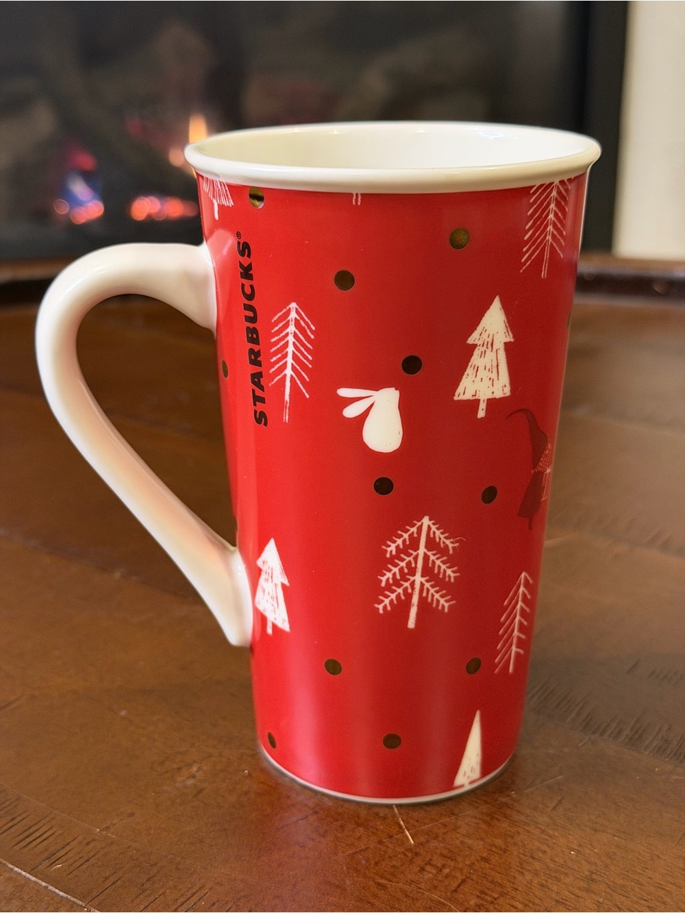 Starbucks 2019 Christmas Holiday Red Ceramic Mug 16 oz Trees Birds Gold Dots